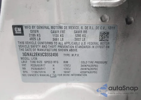 2012 Chevrolet Captiva Sport 2Ls from USA, damaged, VIN 3GNAL2EK9CS552456